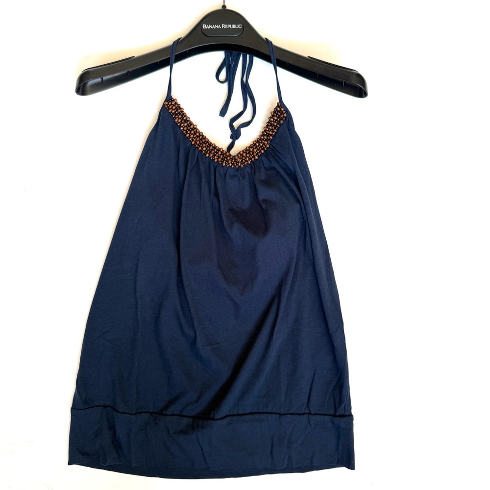NIB Banana Republic Navy Halter Top with Beaded Neckline 100% Cotton